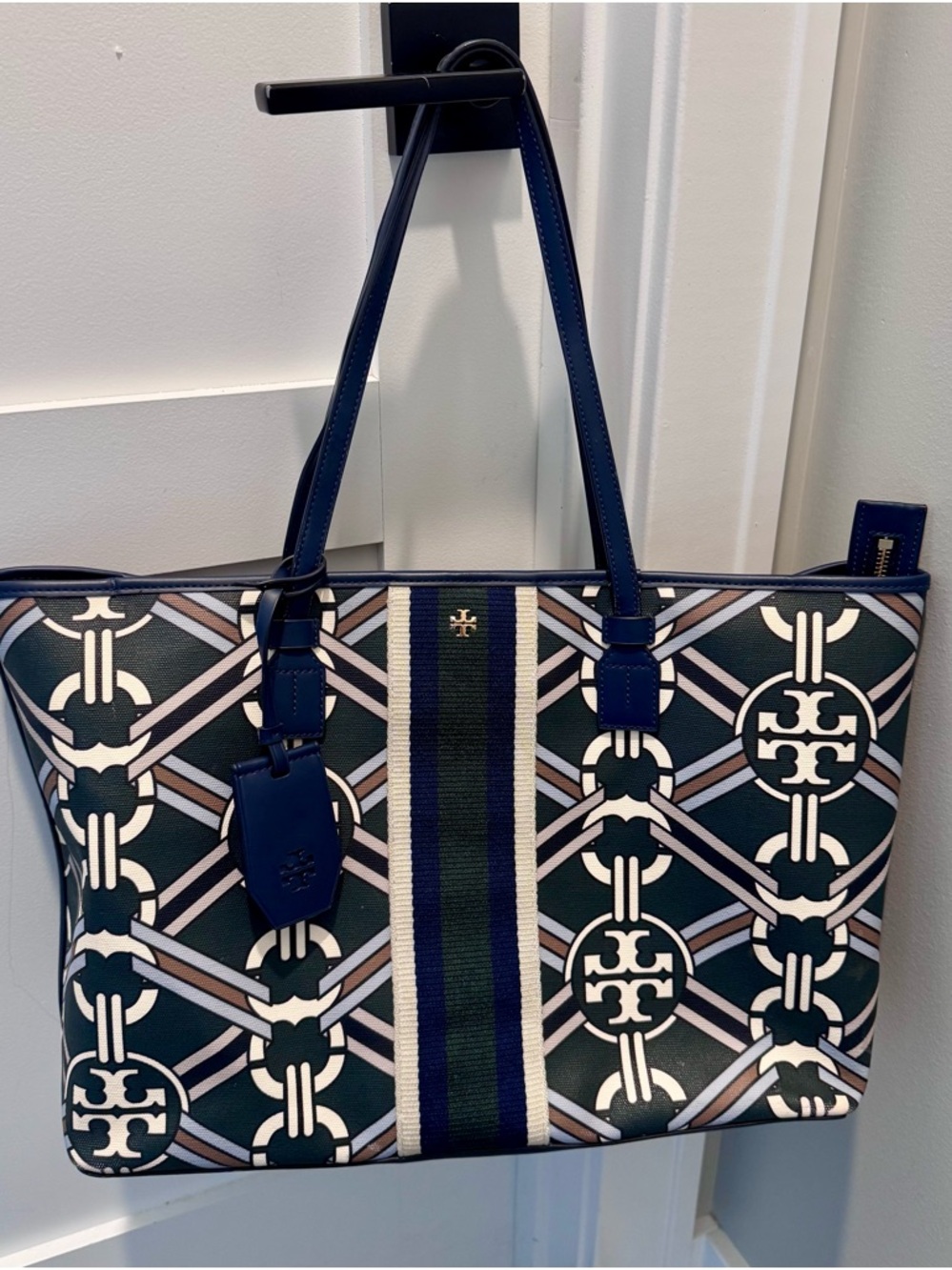 Tory Burch Navy, Cream & Green Geometric Leather Tote - Limited Edition